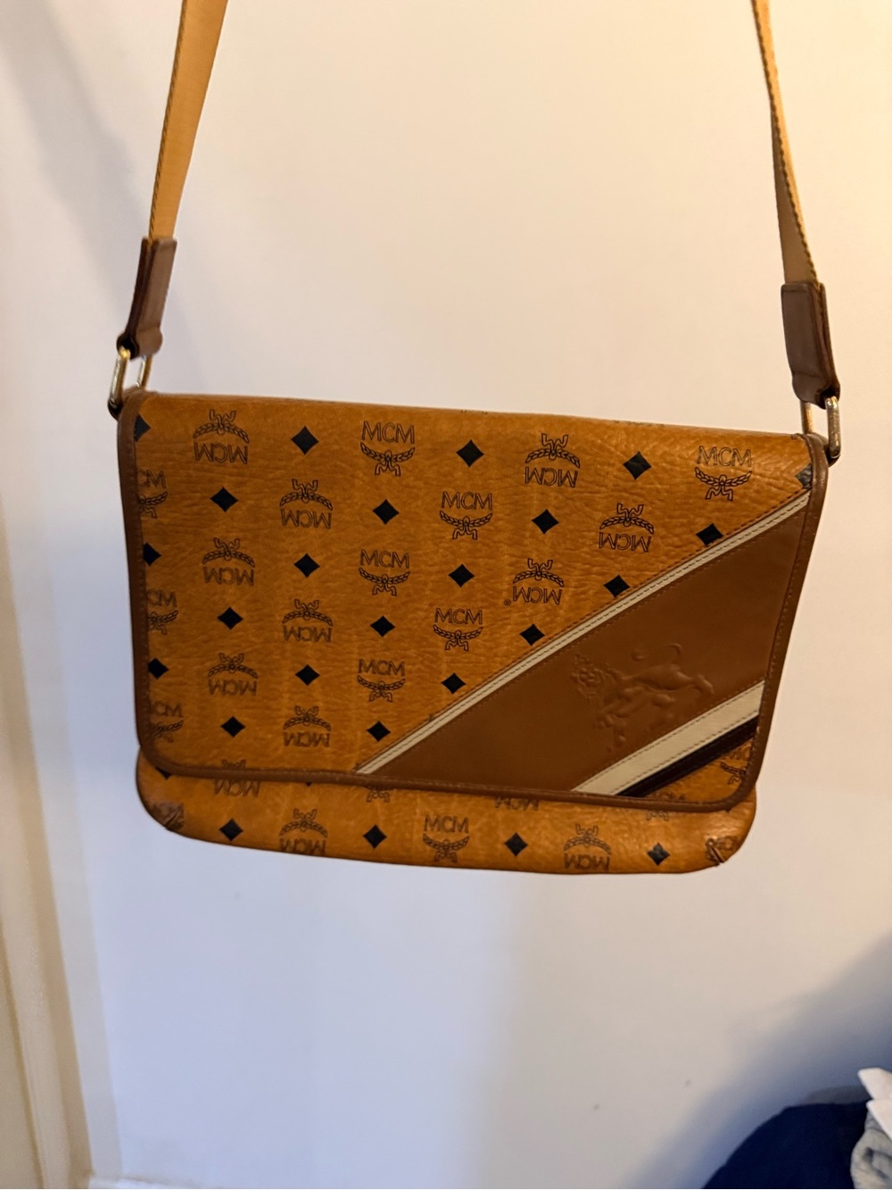 MCM Cognac Monogram Messenger Bag with Cream and Brown Stripe